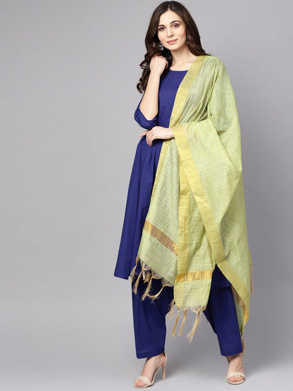 Blue 3/4Th Sleeve Cotton A-Line Kurta With Palazzo And Yellow Dupatta | LASVINI - Redefining Indian Fashion with Elegance