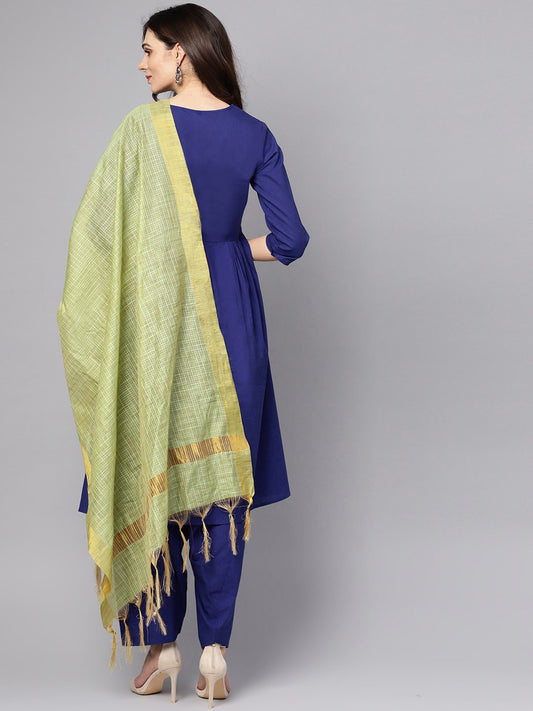 Blue 3/4Th Sleeve Cotton A-Line Kurta With Palazzo And Yellow Dupatta | LASVINI - Redefining Indian Fashion with Elegance