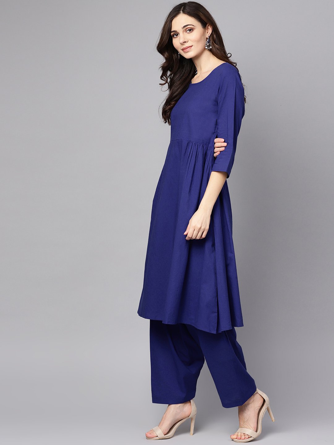 Blue 3/4Th Sleeve Cotton A-Line Kurta With Palazzo And Yellow Dupatta | LASVINI - Redefining Indian Fashion with Elegance