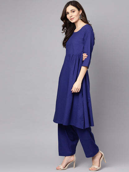 Blue 3/4Th Sleeve Cotton A-Line Kurta With Palazzo And Yellow Dupatta | LASVINI - Redefining Indian Fashion with Elegance
