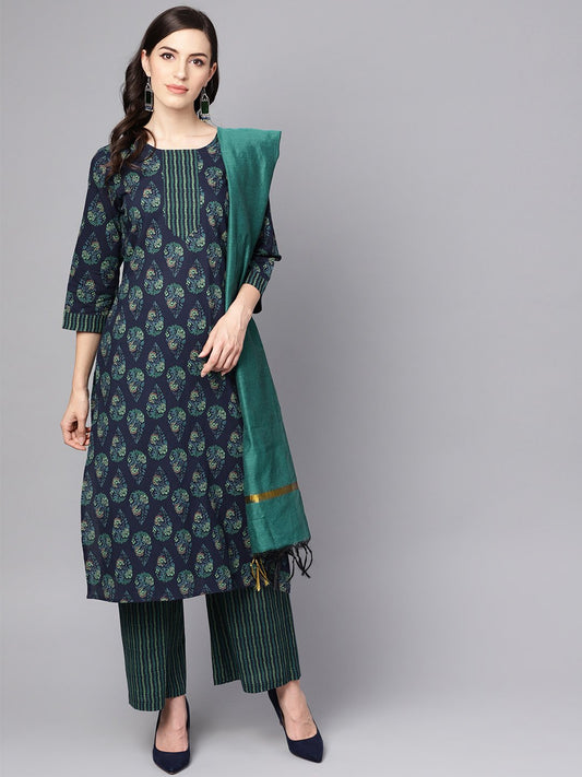 Navy Blue Printed 3/4Th Sleeve Cotton Kurta With Striped Palazzo And Dupatta | LASVINI - Redefining Indian Fashion with Elegance