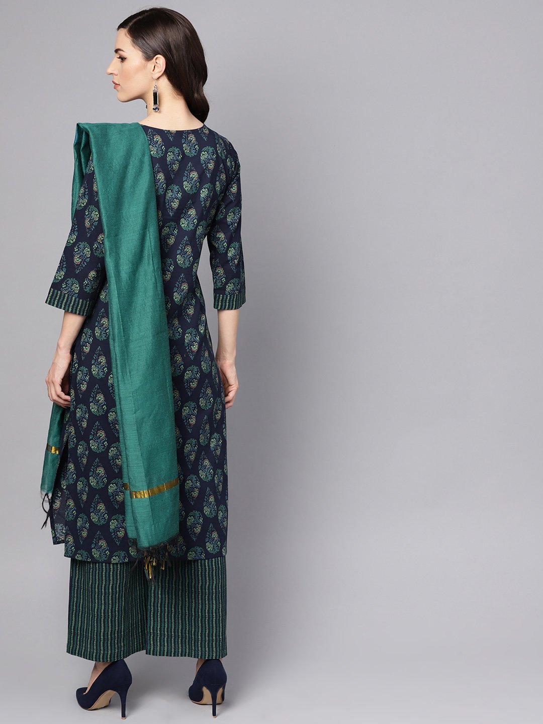 Navy Blue Printed 3/4Th Sleeve Cotton Kurta With Striped Palazzo And Dupatta | LASVINI - Redefining Indian Fashion with Elegance