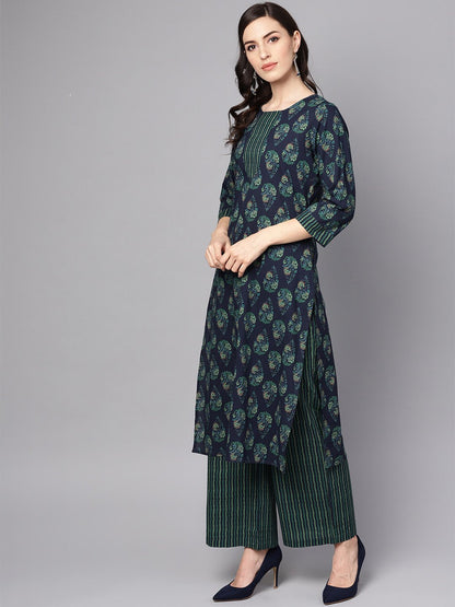 Navy Blue Printed 3/4Th Sleeve Cotton Kurta With Striped Palazzo And Dupatta | LASVINI - Redefining Indian Fashion with Elegance