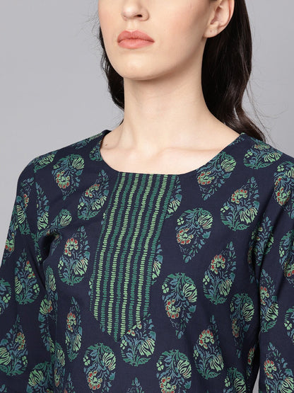 Navy Blue Printed 3/4Th Sleeve Cotton Kurta With Striped Palazzo And Dupatta | LASVINI - Redefining Indian Fashion with Elegance