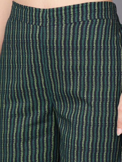 Navy Blue Printed 3/4Th Sleeve Cotton Kurta With Striped Palazzo And Dupatta | LASVINI - Redefining Indian Fashion with Elegance