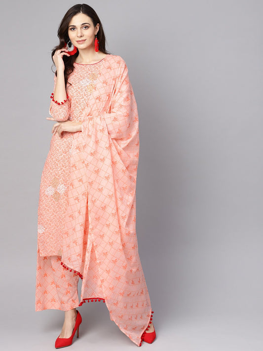 Baby Pink Printed 3/4Th Sleeve Cotton Kurta With Patiala And Dupatta | LASVINI - Redefining Indian Fashion with Elegance