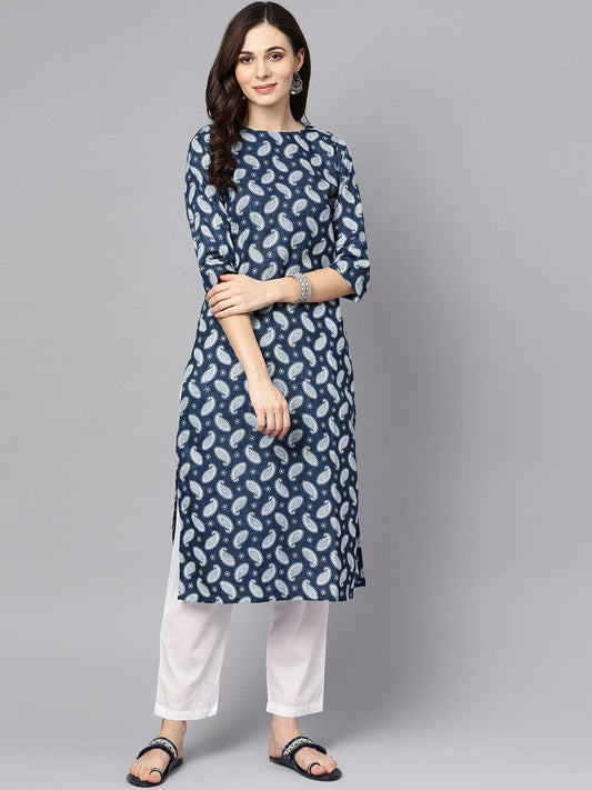 Navy Blue Printed 3/4Th Sleeve A-Line Cotton Kurta With White Palazzo | LASVINI - Redefining Indian Fashion with Elegance