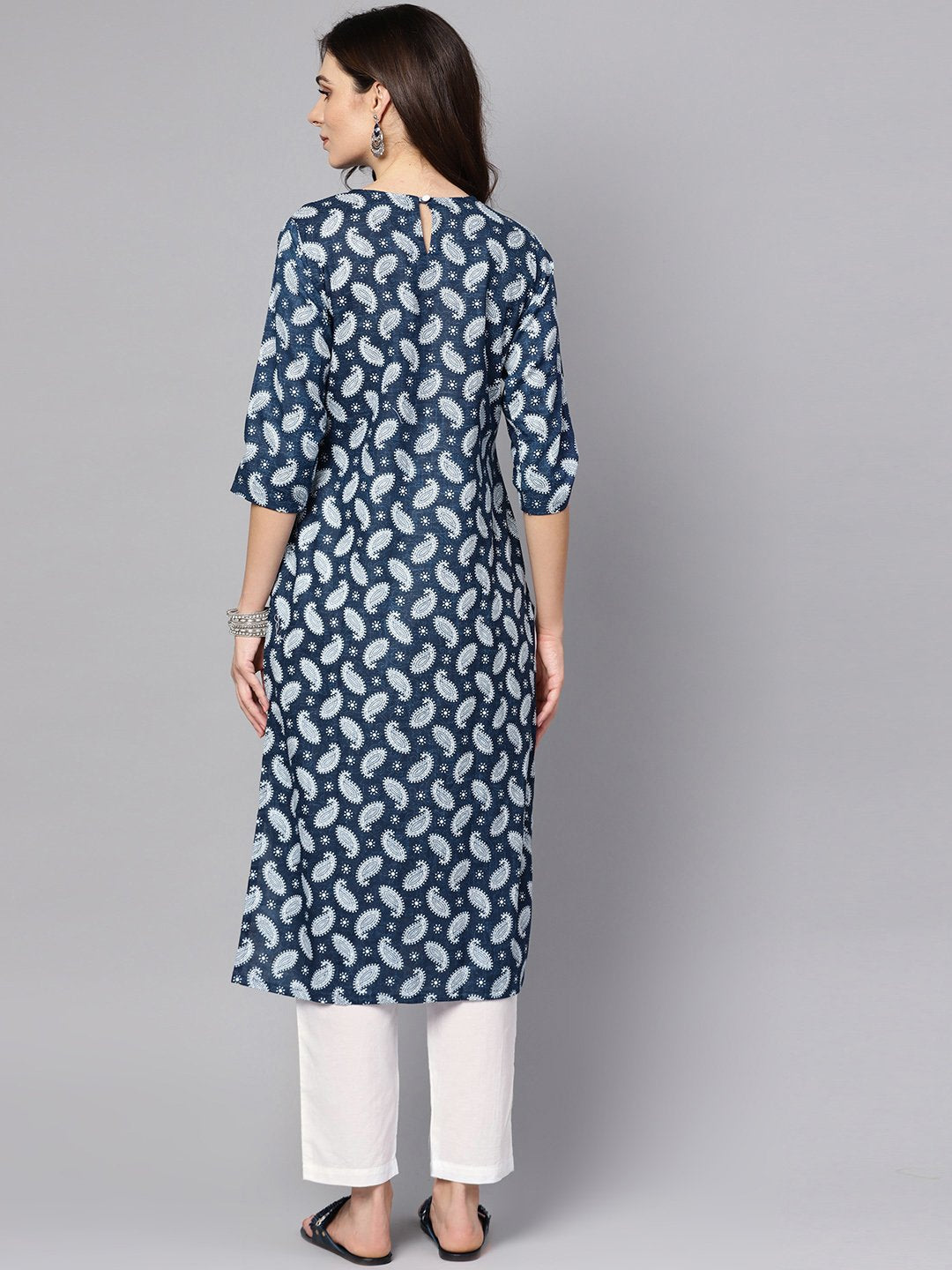 Navy Blue Printed 3/4Th Sleeve A-Line Cotton Kurta With White Palazzo | LASVINI - Redefining Indian Fashion with Elegance