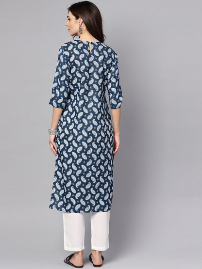 Navy Blue Printed 3/4Th Sleeve A-Line Cotton Kurta With White Palazzo | LASVINI - Redefining Indian Fashion with Elegance