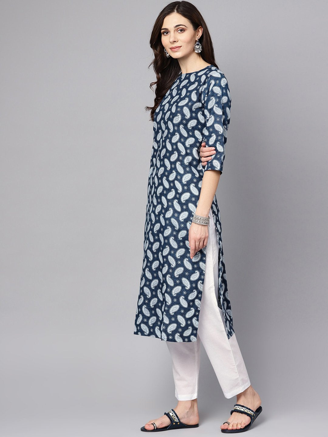 Navy Blue Printed 3/4Th Sleeve A-Line Cotton Kurta With White Palazzo | LASVINI - Redefining Indian Fashion with Elegance