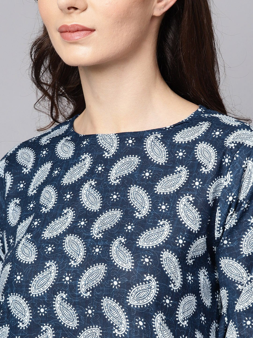 Navy Blue Printed 3/4Th Sleeve A-Line Cotton Kurta With White Palazzo | LASVINI - Redefining Indian Fashion with Elegance