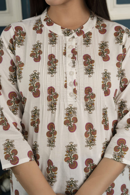 White Printed 3/4Th Sleeve Cotton Tunic | LASVINI - Redefining Indian Fashion with Elegance