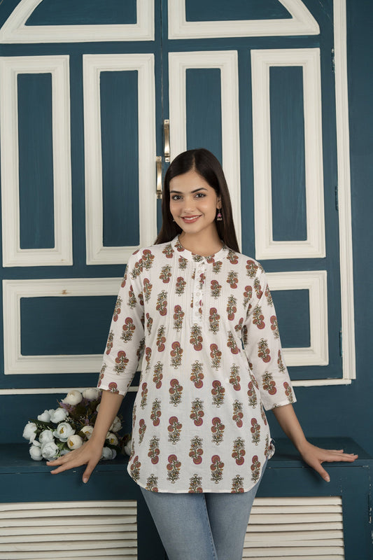 White Printed 3/4Th Sleeve Cotton Tunic | LASVINI - Redefining Indian Fashion with Elegance