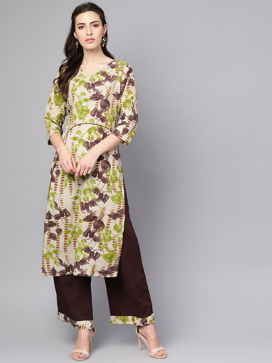 Grey Printed 3/4Th Sleeve Cotton Kurta With Coffee Brown Palazzo | LASVINI - Redefining Indian Fashion with Elegance