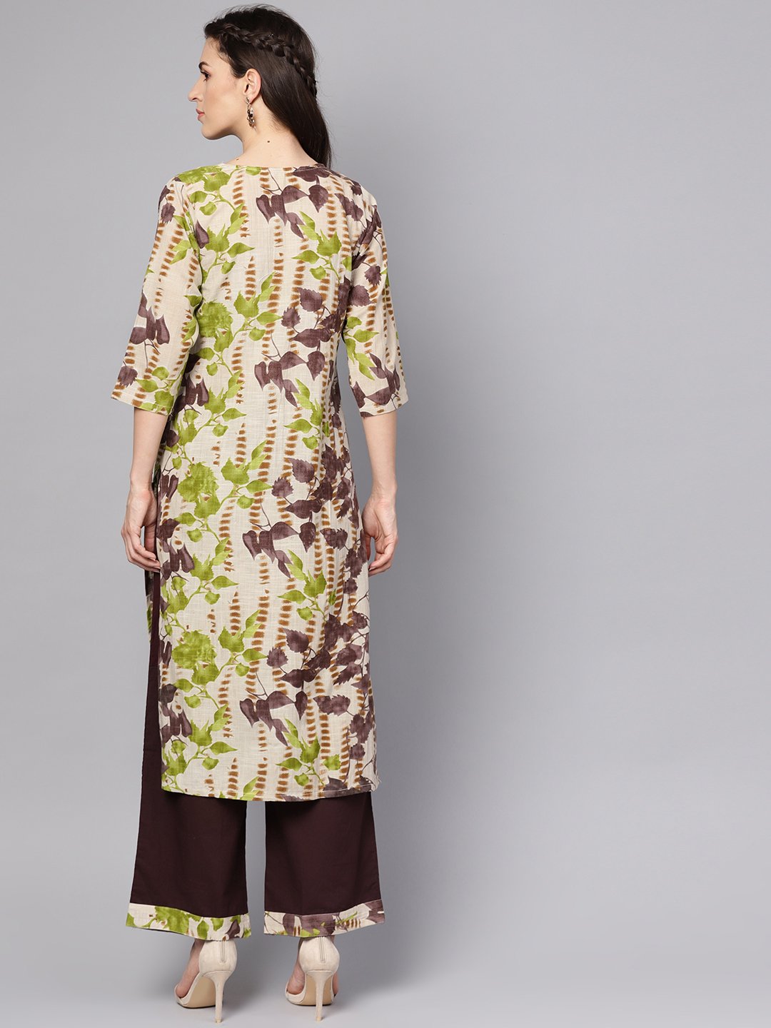 Grey Printed 3/4Th Sleeve Cotton Kurta With Coffee Brown Palazzo | LASVINI - Redefining Indian Fashion with Elegance