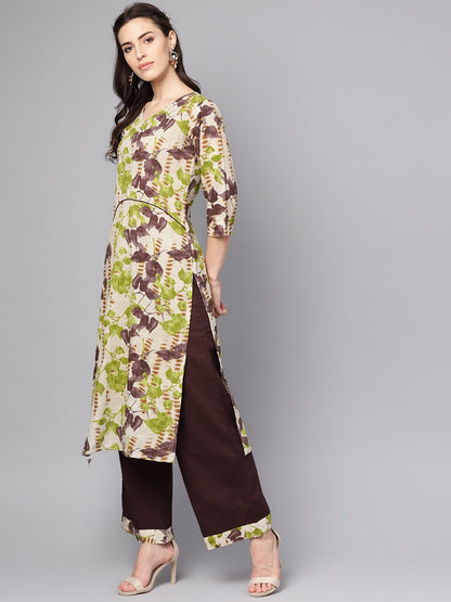 Grey Printed 3/4Th Sleeve Cotton Kurta With Coffee Brown Palazzo | LASVINI - Redefining Indian Fashion with Elegance