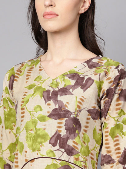 Grey Printed 3/4Th Sleeve Cotton Kurta With Coffee Brown Palazzo | LASVINI - Redefining Indian Fashion with Elegance