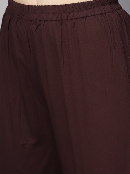 Grey Printed 3/4Th Sleeve Cotton Kurta With Coffee Brown Palazzo | LASVINI - Redefining Indian Fashion with Elegance