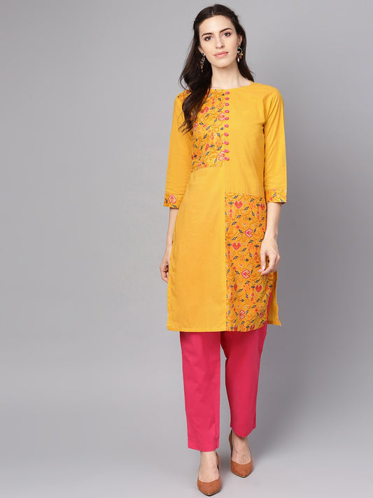 Yellow Printed 3/4Th Sleeve Cotton Kurta With Red Palazzo | LASVINI - Redefining Indian Fashion with Elegance