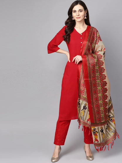 Red 3/4Th Sleeve Rayon Kurta With Palazzo And Printed Dupatta | LASVINI - Redefining Indian Fashion with Elegance