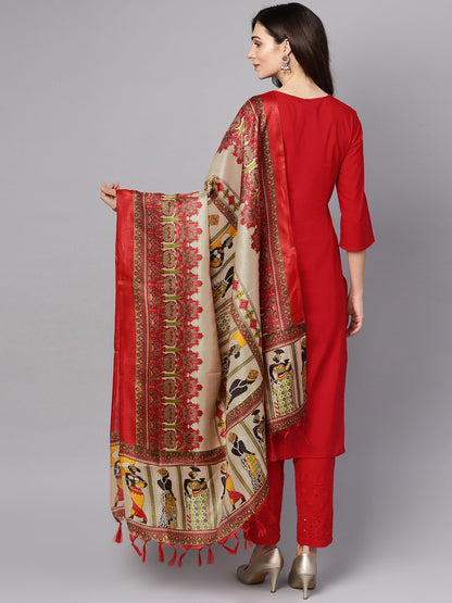 Red 3/4Th Sleeve Rayon Kurta With Palazzo And Printed Dupatta | LASVINI - Redefining Indian Fashion with Elegance