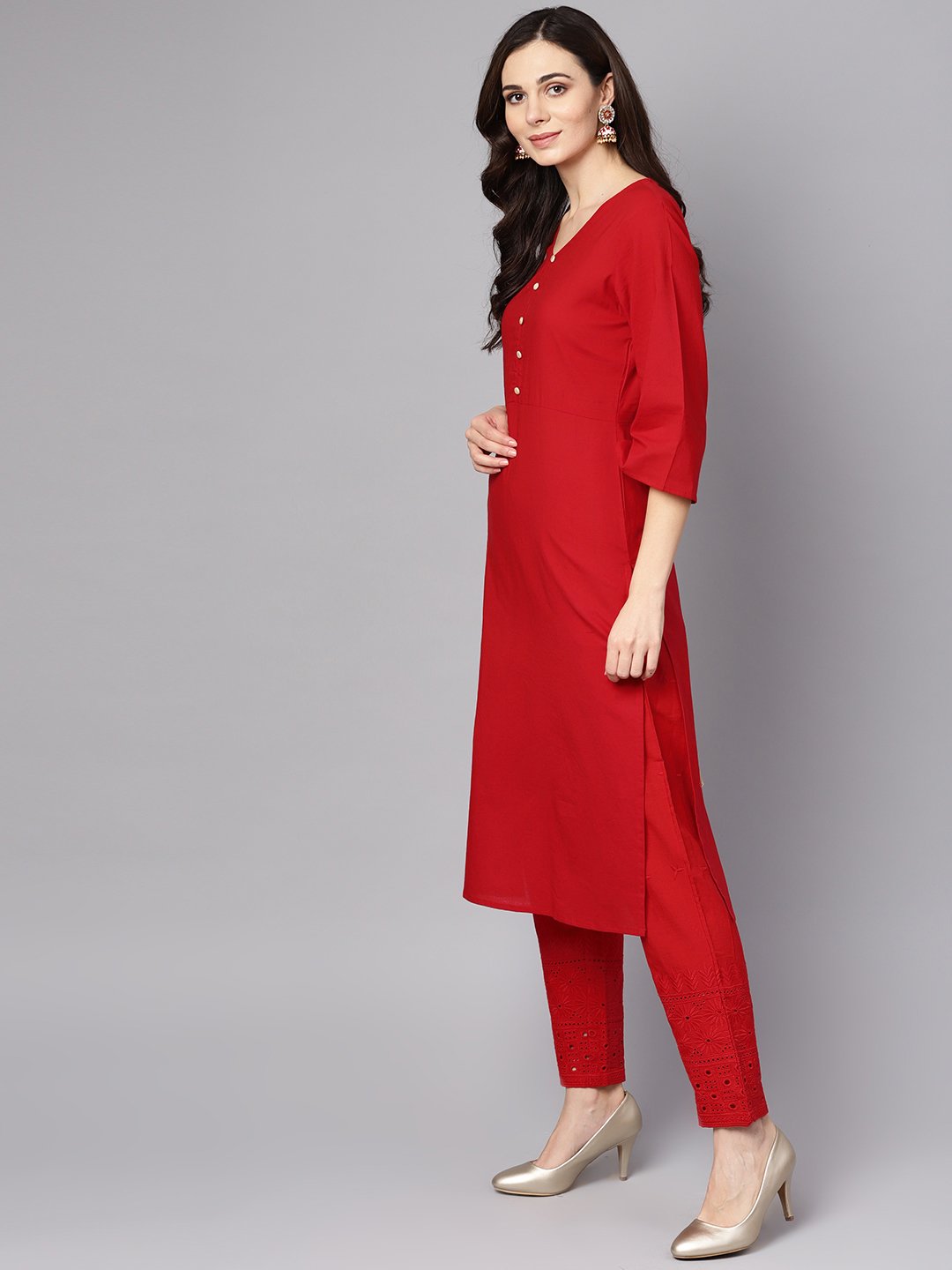 Red 3/4Th Sleeve Rayon Kurta With Palazzo And Printed Dupatta | LASVINI - Redefining Indian Fashion with Elegance