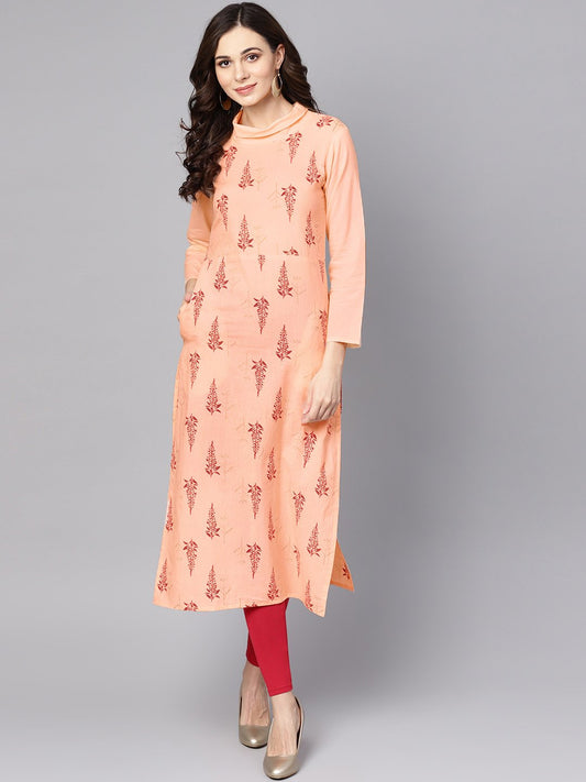 Closed Neck Solid Peach 3/4Th Sleeve Cotton Straight Kurta | LASVINI - Redefining Indian Fashion with Elegance