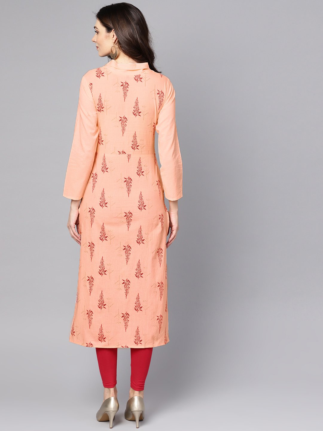 Closed Neck Solid Peach 3/4Th Sleeve Cotton Straight Kurta | LASVINI - Redefining Indian Fashion with Elegance