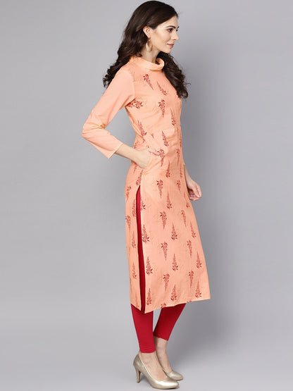 Closed Neck Solid Peach 3/4Th Sleeve Cotton Straight Kurta | LASVINI - Redefining Indian Fashion with Elegance