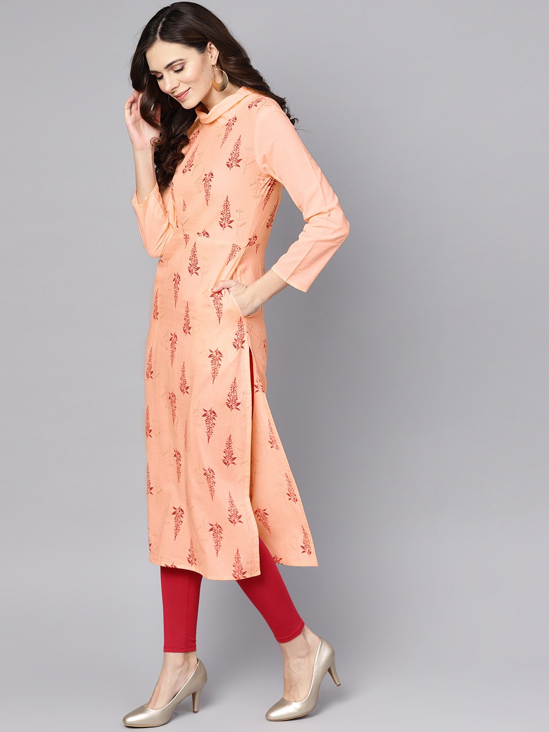 Closed Neck Solid Peach 3/4Th Sleeve Cotton Straight Kurta | LASVINI - Redefining Indian Fashion with Elegance
