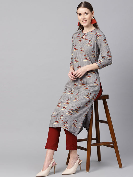 Round Neck Gold Khadi Umbrella Printed With A Keyhole Straight Kurta With Solid Maroon Pant | LASVINI - Redefining Indian Fashion with Elegance