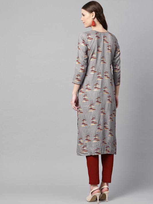 Round Neck Gold Khadi Umbrella Printed With A Keyhole Straight Kurta With Solid Maroon Pant | LASVINI - Redefining Indian Fashion with Elegance