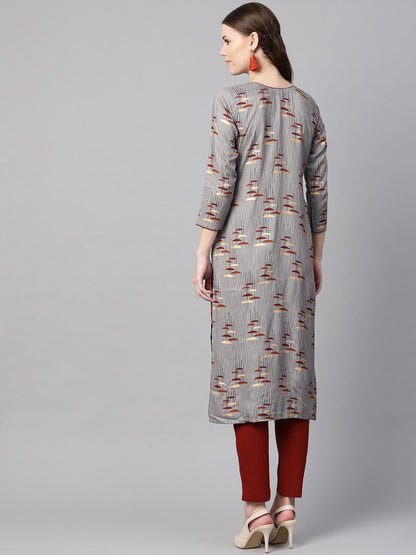 Round Neck Gold Khadi Umbrella Printed With A Keyhole Straight Kurta With Solid Maroon Pant | LASVINI - Redefining Indian Fashion with Elegance