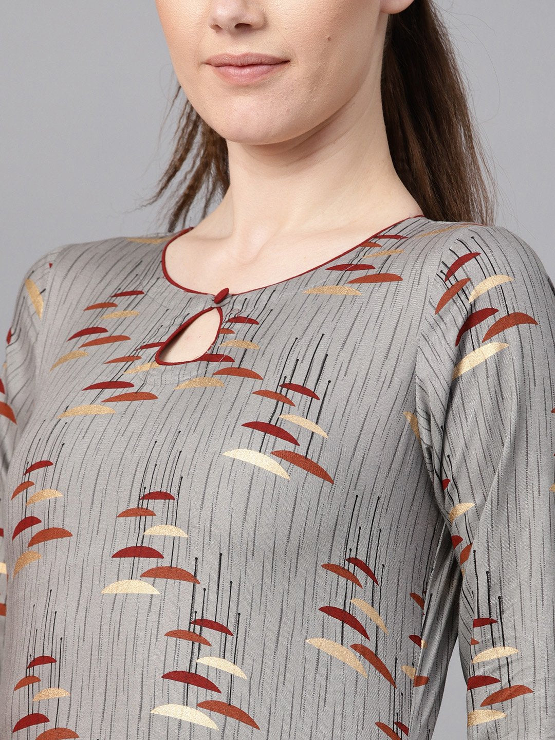 Round Neck Gold Khadi Umbrella Printed With A Keyhole Straight Kurta With Solid Maroon Pant | LASVINI - Redefining Indian Fashion with Elegance