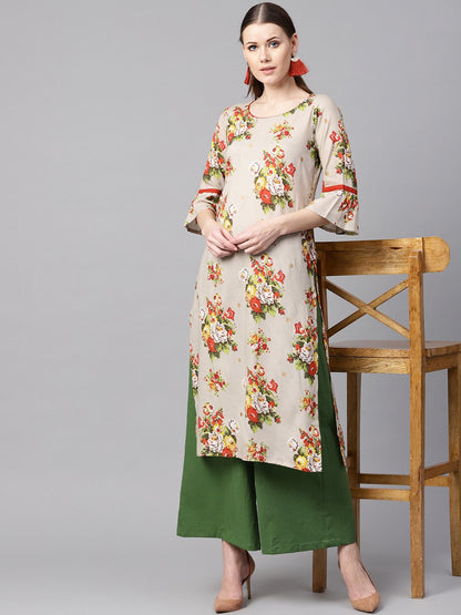 Floral Gold Khadi Printed Straight Kurta With Gathered Sleeves & Solid Olive Green Pallazo | LASVINI - Redefining Indian Fashion with Elegance