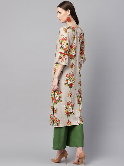 Floral Gold Khadi Printed Straight Kurta With Gathered Sleeves & Solid Olive Green Pallazo | LASVINI - Redefining Indian Fashion with Elegance