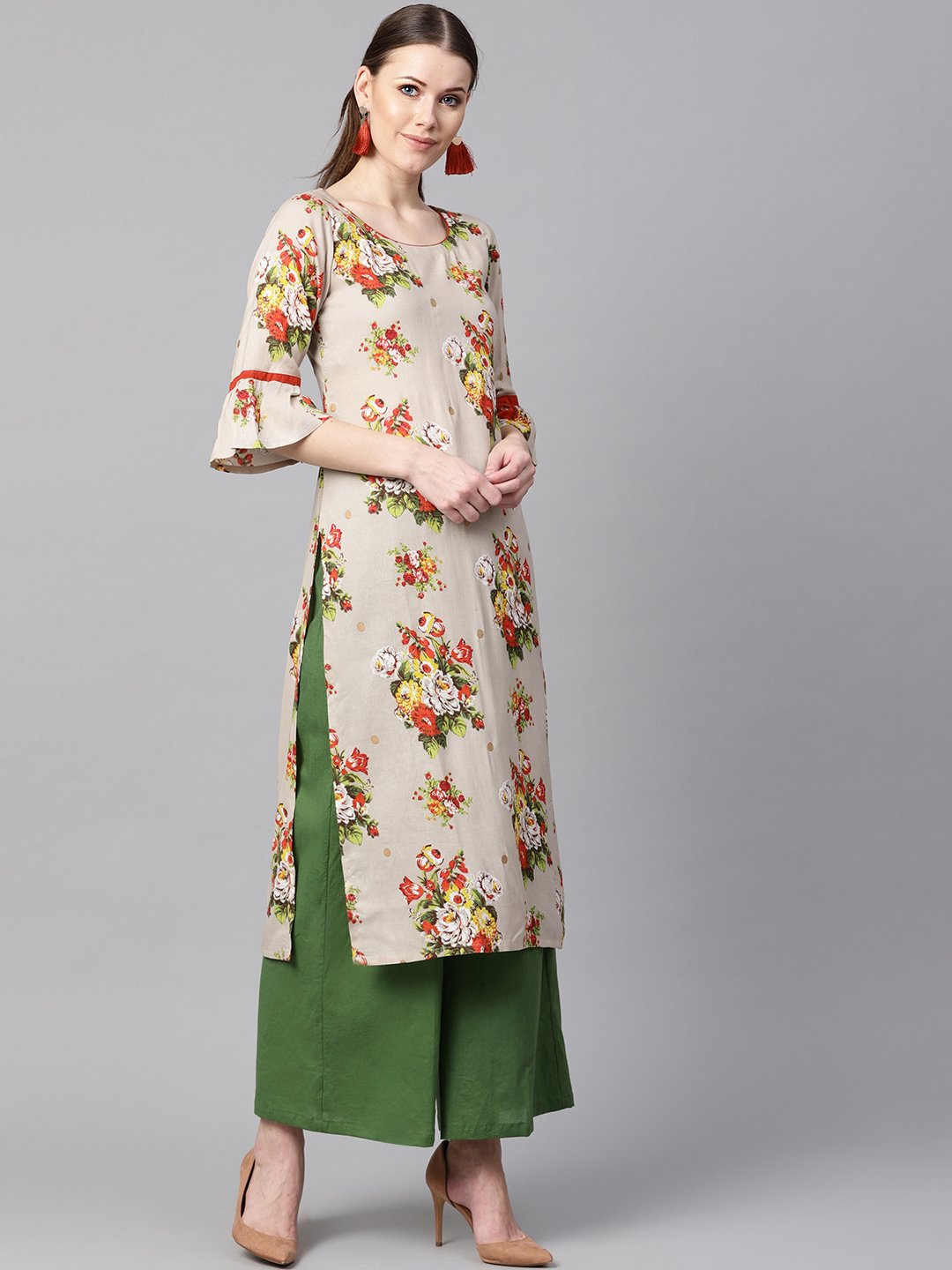 Floral Gold Khadi Printed Straight Kurta With Gathered Sleeves & Solid Olive Green Pallazo | LASVINI - Redefining Indian Fashion with Elegance