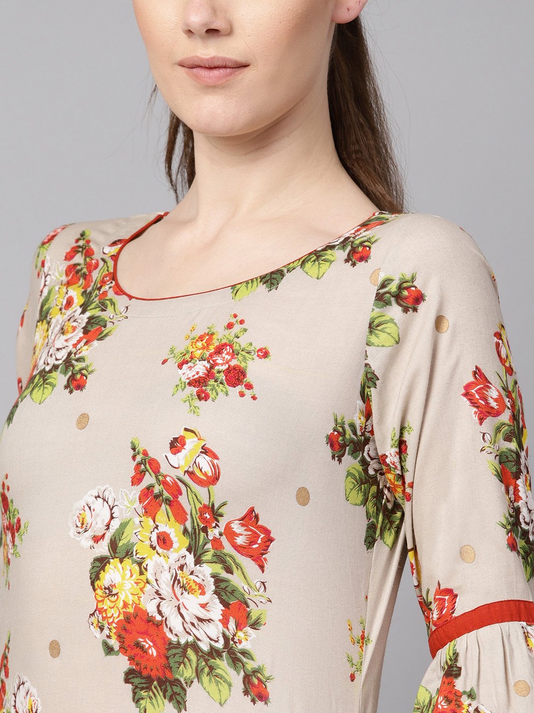 Floral Gold Khadi Printed Straight Kurta With Gathered Sleeves & Solid Olive Green Pallazo | LASVINI - Redefining Indian Fashion with Elegance