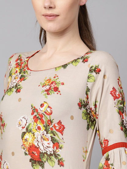 Floral Gold Khadi Printed Straight Kurta With Gathered Sleeves & Solid Olive Green Pallazo | LASVINI - Redefining Indian Fashion with Elegance