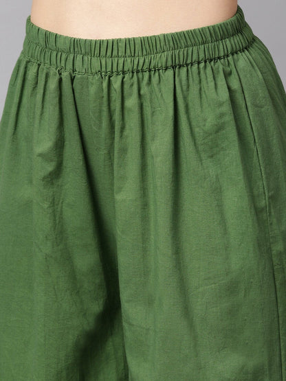 Floral Gold Khadi Printed Straight Kurta With Gathered Sleeves & Solid Olive Green Pallazo | LASVINI - Redefining Indian Fashion with Elegance