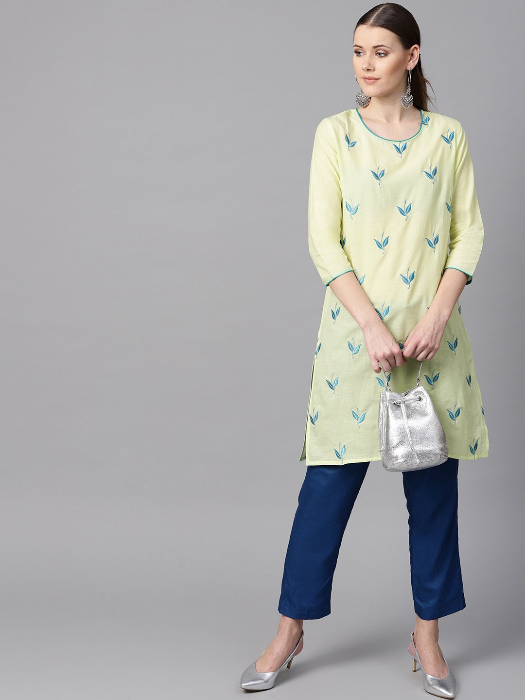 Leaf Embroidered Yellow 3/4Th Sleeve Kurta | LASVINI - Redefining Indian Fashion with Elegance