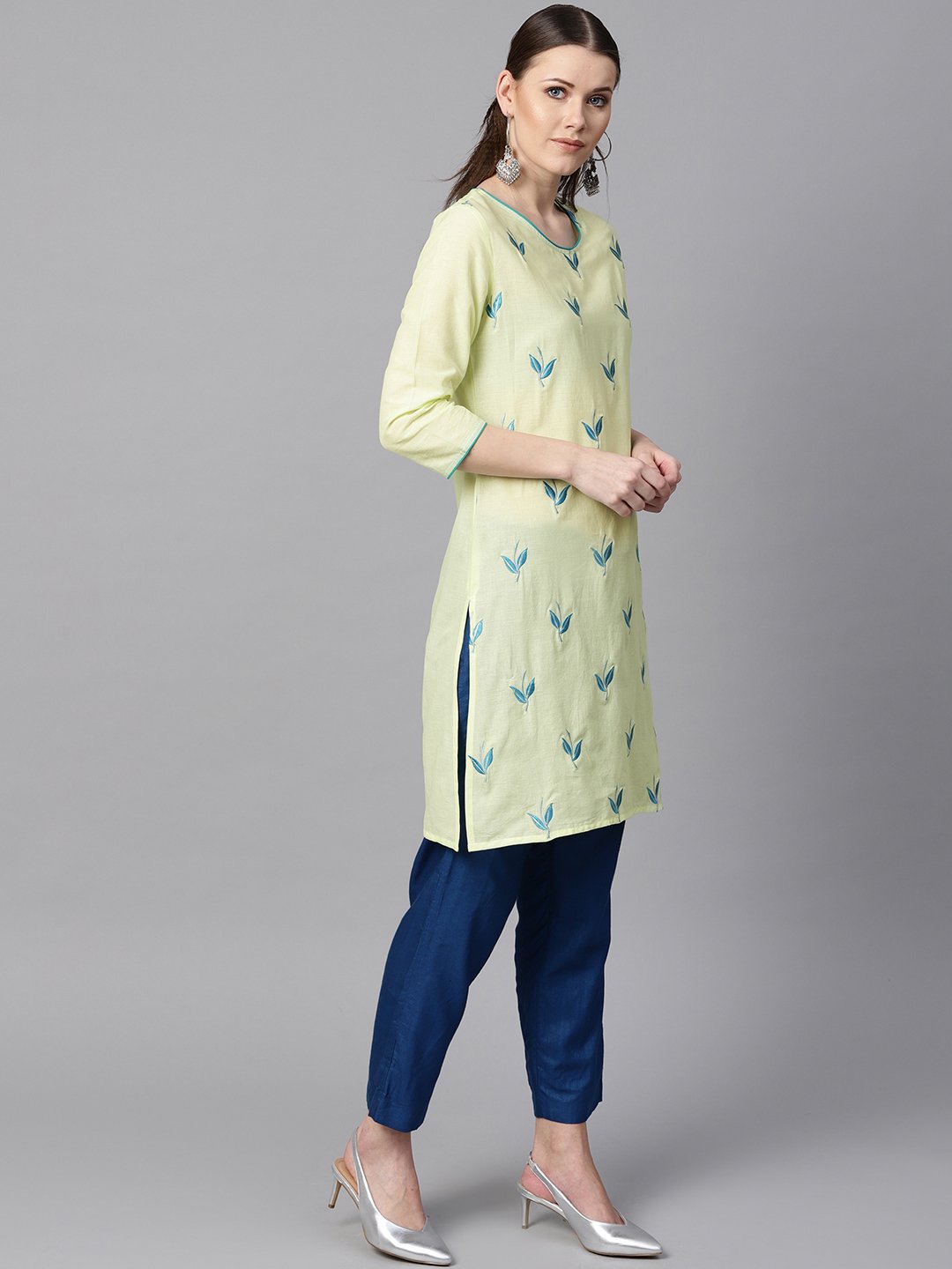Leaf Embroidered Yellow 3/4Th Sleeve Kurta | LASVINI - Redefining Indian Fashion with Elegance