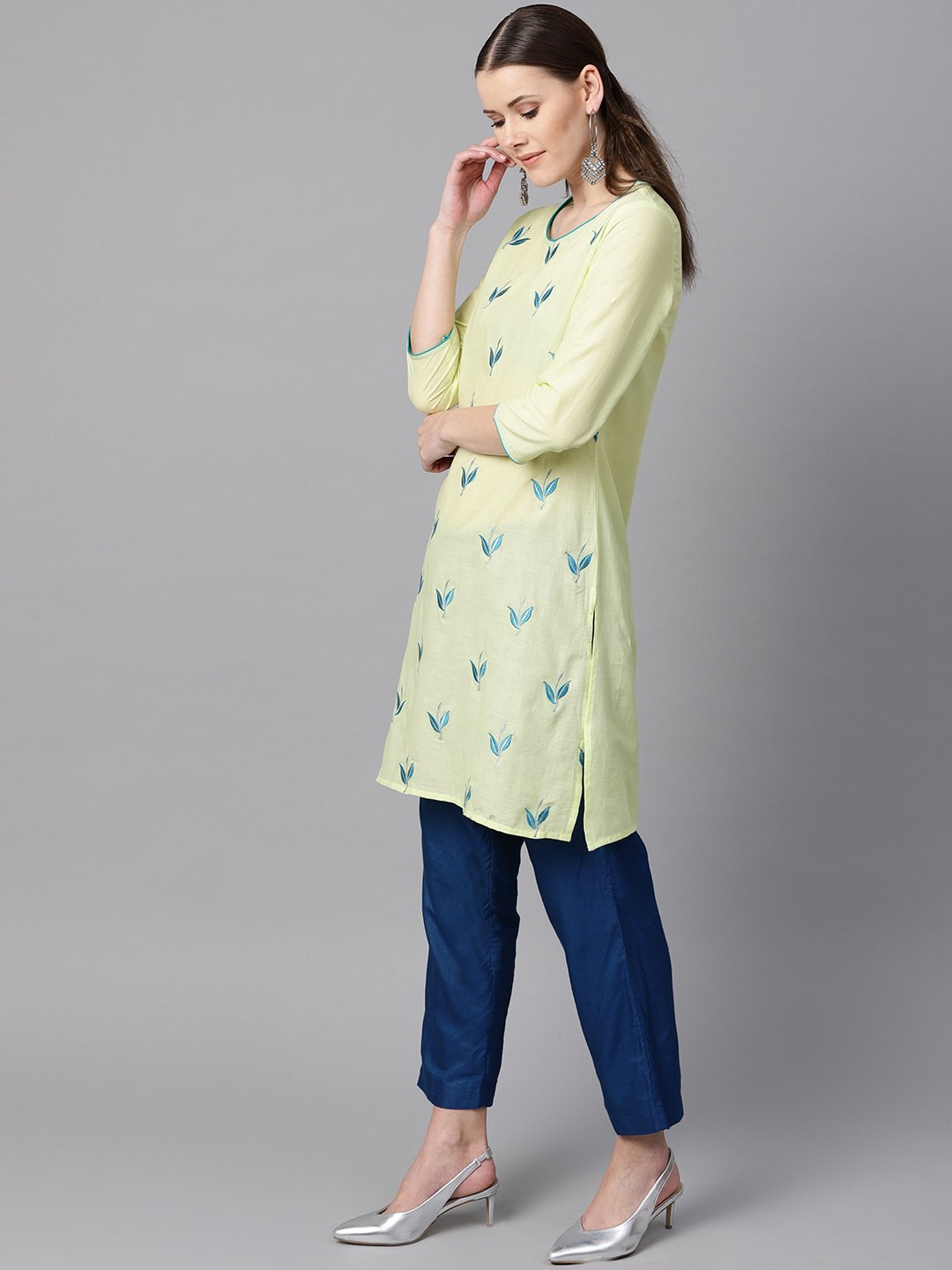 Leaf Embroidered Yellow 3/4Th Sleeve Kurta | LASVINI - Redefining Indian Fashion with Elegance