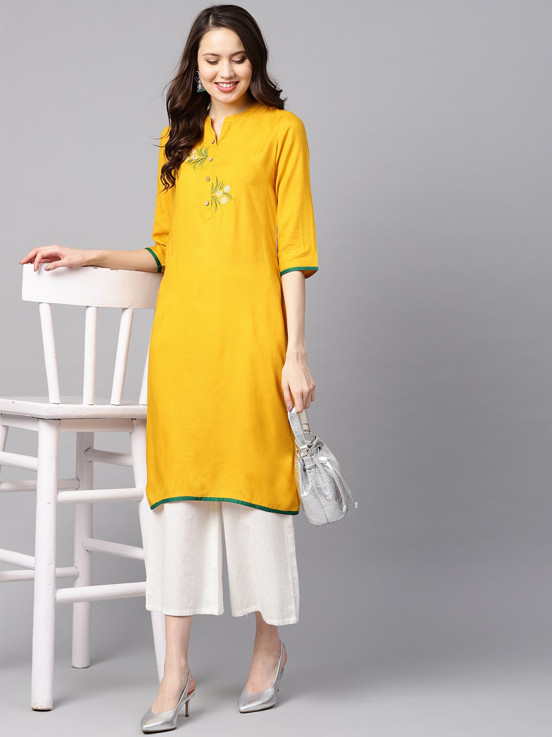Mustard Yellow Embroidered Straight Rayon Kurta With 3/4Th Sleeves | LASVINI - Redefining Indian Fashion with Elegance