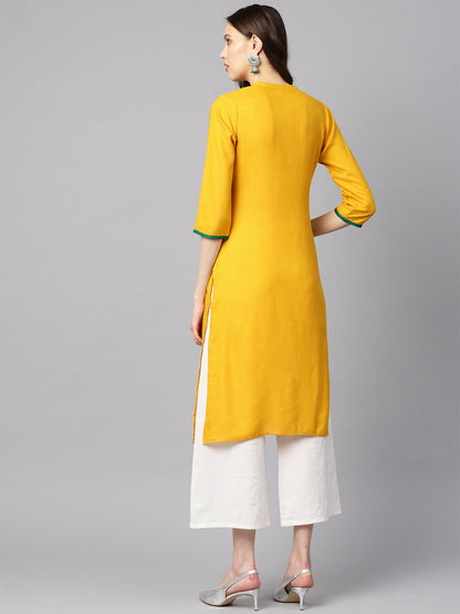 Mustard Yellow Embroidered Straight Rayon Kurta With 3/4Th Sleeves | LASVINI - Redefining Indian Fashion with Elegance