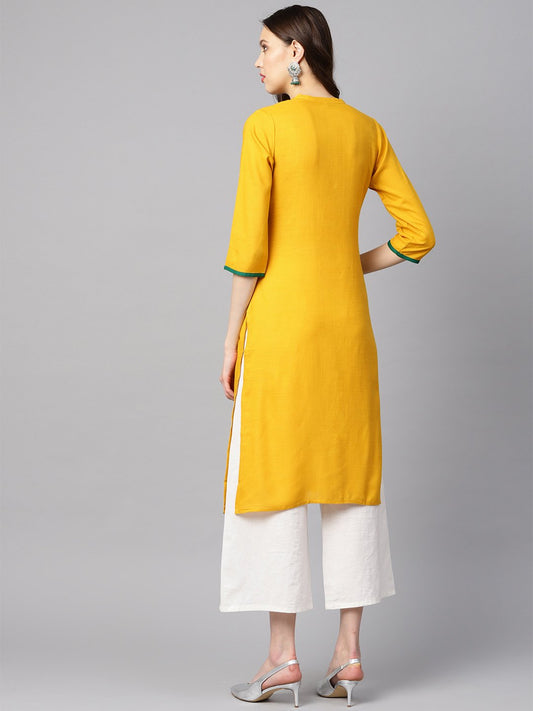 Mustard Yellow Embroidered Straight Rayon Kurta With 3/4Th Sleeves | LASVINI - Redefining Indian Fashion with Elegance