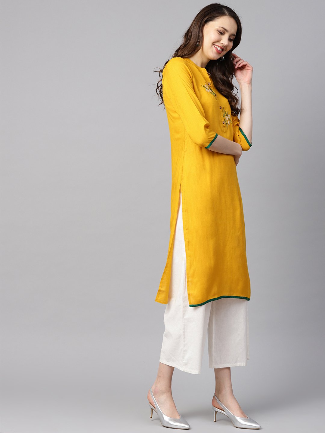 Mustard Yellow Embroidered Straight Rayon Kurta With 3/4Th Sleeves | LASVINI - Redefining Indian Fashion with Elegance