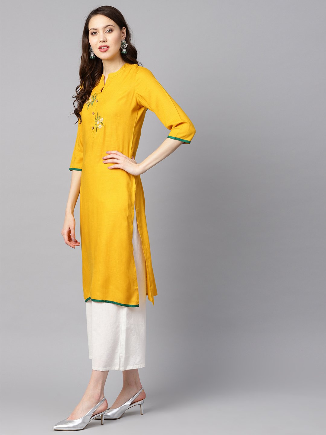 Mustard Yellow Embroidered Straight Rayon Kurta With 3/4Th Sleeves | LASVINI - Redefining Indian Fashion with Elegance