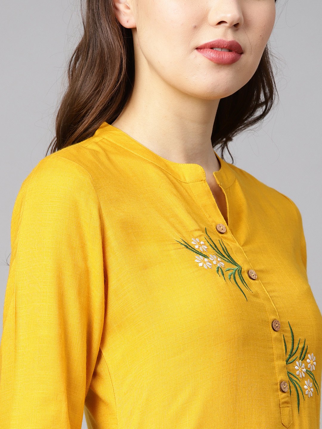 Mustard Yellow Embroidered Straight Rayon Kurta With 3/4Th Sleeves | LASVINI - Redefining Indian Fashion with Elegance