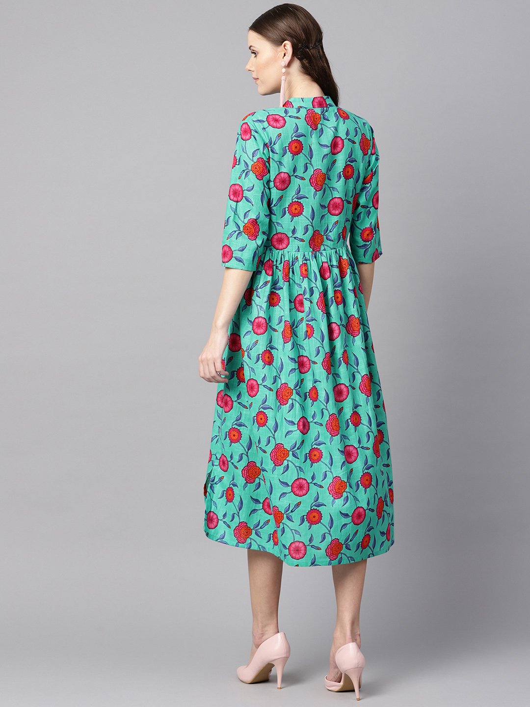 Blue Colored Floral Printed 3/4Th Sleeve Pleated Dress | LASVINI - Redefining Indian Fashion with Elegance
